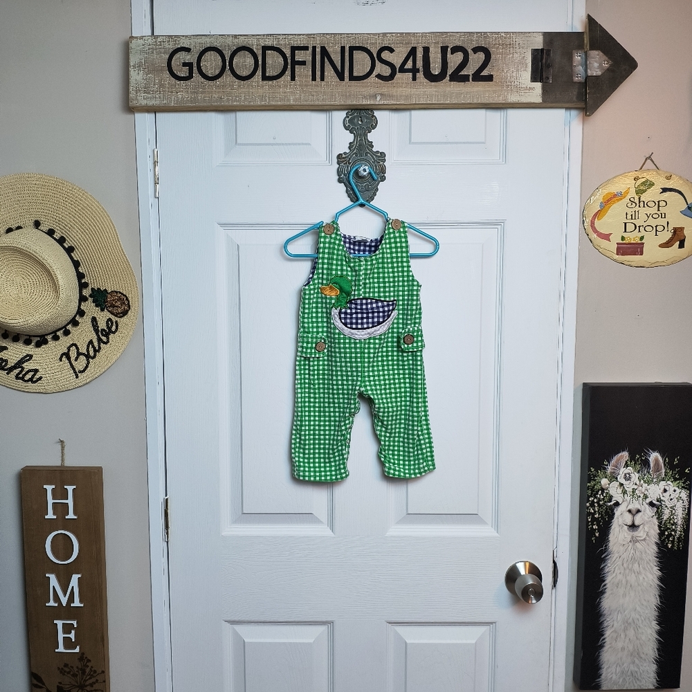 honey bean Green Plaid Duck Romper 6 months